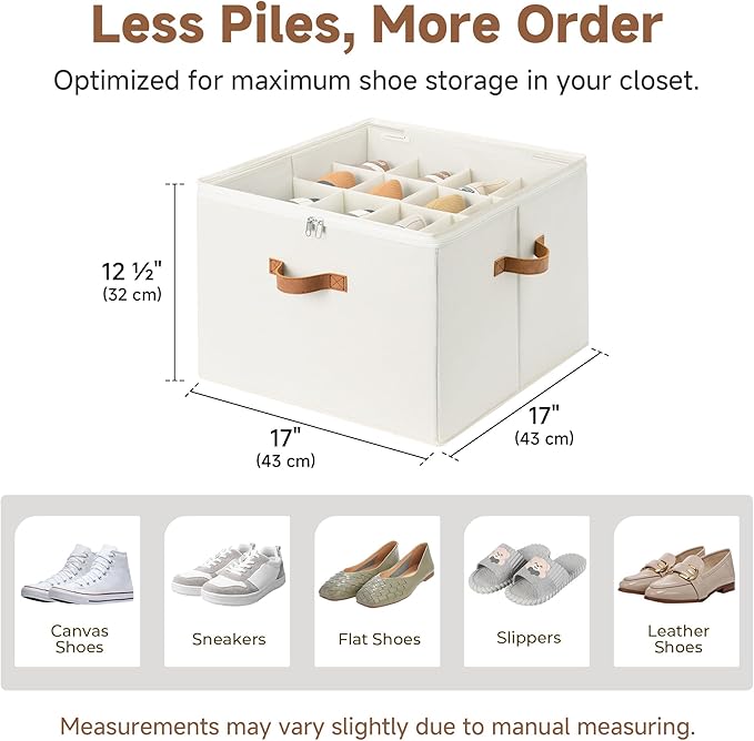 StorageWorks Shoe Organizer for Closet, Shoe Storage Cubby Containers with Adjustable Dividers and Clear Cover, Fits up to 16 Pairs, Foldable Shoe Storage Organizer Box for Closet, Entryway, Beige