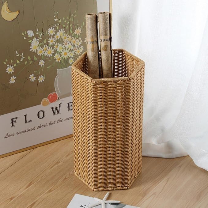 Wicker Umbrella Stand Basket Rattan Style Umbrella Storage Bucket for Home Entryway Office Woven Cane Holder for Walking Sticks and Yoga Mats