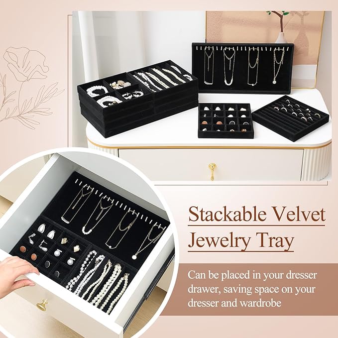 Set of 10 Stackable Jewelry Organizer Trays for Drawer 14 Inch Velvet Jewelry Drawer Insert Display Storage with Removable Divider for Necklace Earring Ring Watch Bracelet (Black)