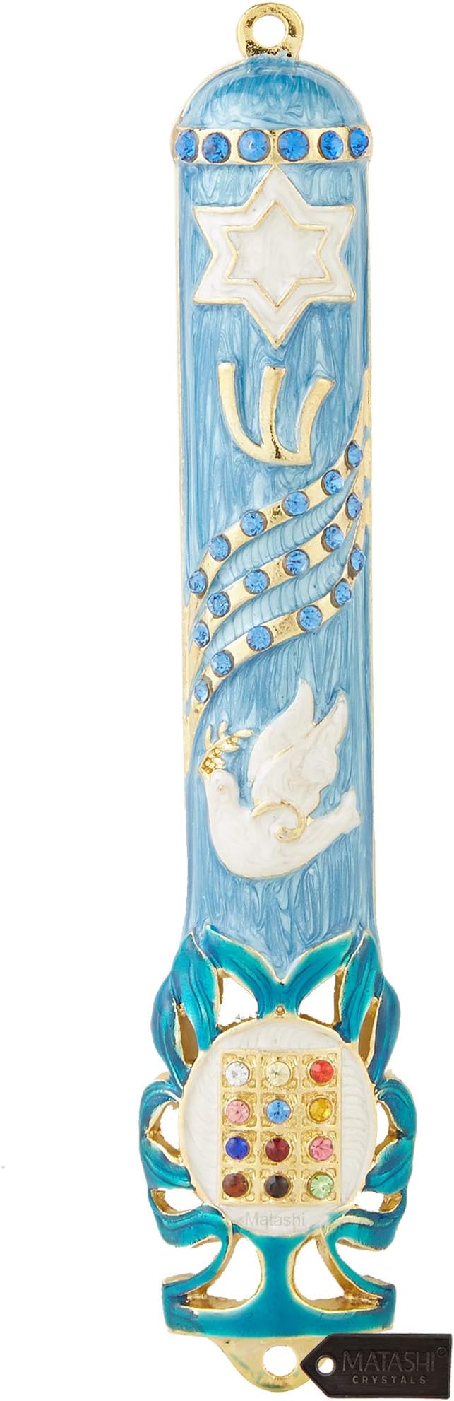 Matashi Hand Painted Light Blue Enamel Mezuzah Case Embellished with Star of David, Peace Dove, and Priestly Hoshen Breastplate with Blue Crystals - Jewish Home Door Decor, Housewarming Judaica Gift