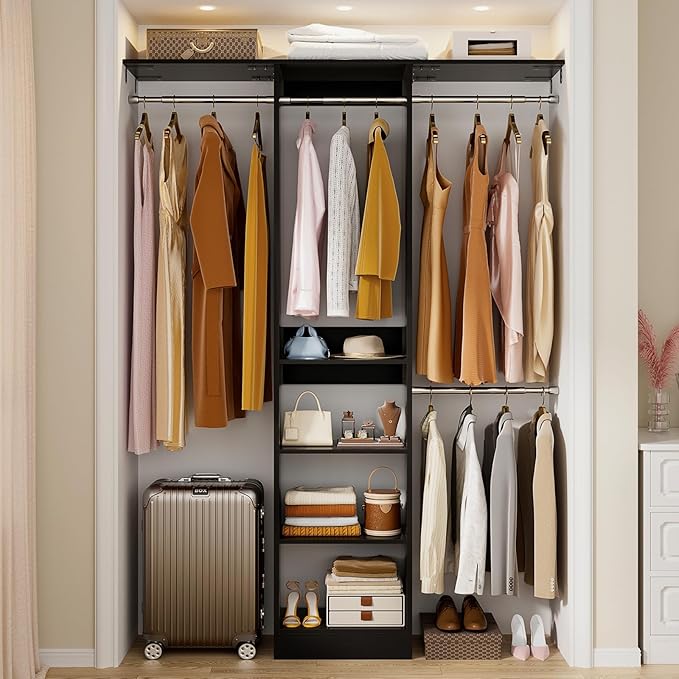 48" Closet Organizer System, 4FT Closet System for Small Closets with 4 Hanging Rods & 3 Shelves, 80"H Small Closet Organizers and Storage for Bedrooms, Cloakrooms, Black