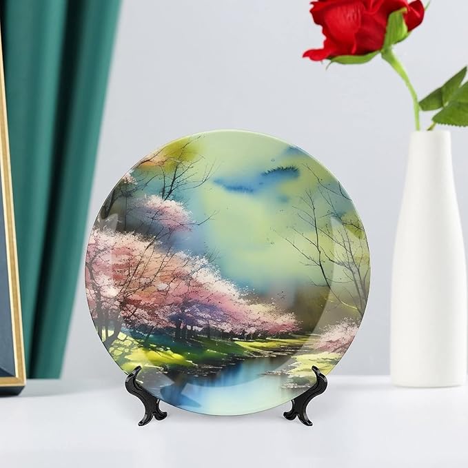 Decorative Plates for Wall Hanging, Spring Forest Painting Pink Blue Green Ceramic Plate, Wobble-Plate with Display Stand, Home Decor for Kitchen Cabinets, Farmhouse Round Tray 8 Inch