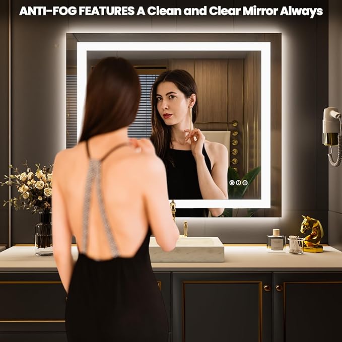 LOAAO 42"x36" LED Bathroom Mirror with Lights, Anti-Fog, Dimmable, Backlit + Front Lit, Lighted Bathroom Vanity Mirror for Wall, Memory Function