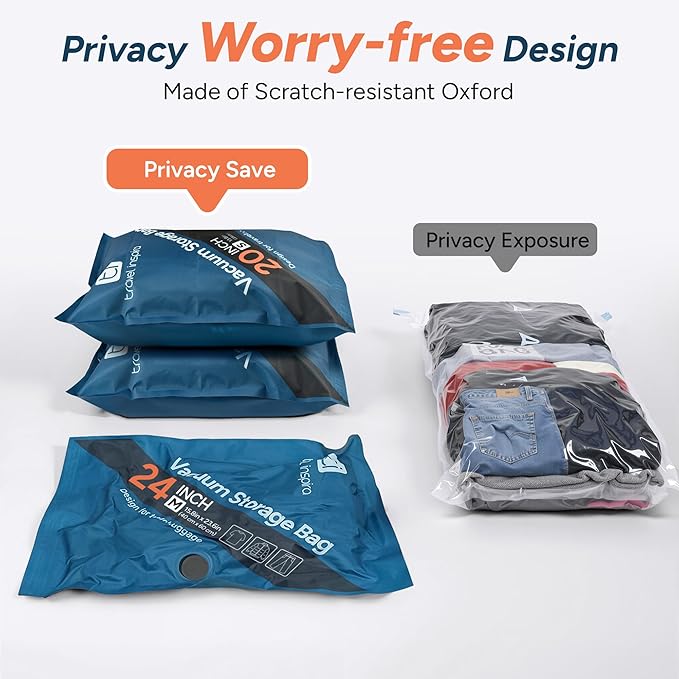 2026 Upgraded Vacuum Travel Bags Oxford Cloth Compression Packing Bags with Privacy Protection Space Saver for Luggage Suitcase Reusable Travel Essentials for Clothes Pillows (S/M/L)