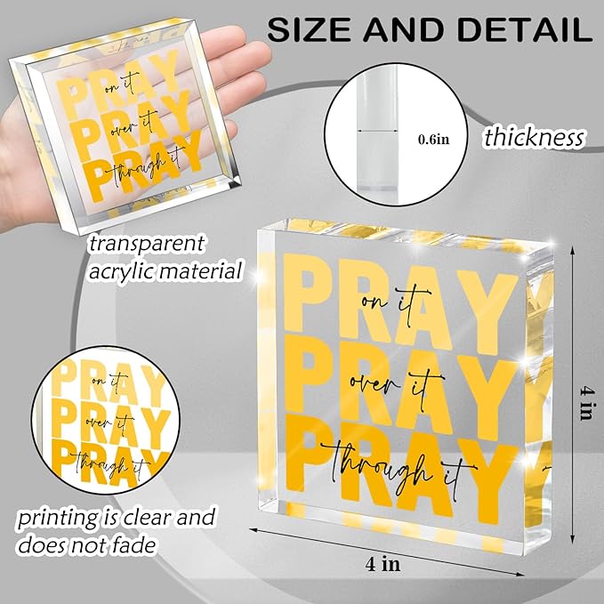 Yellow Dorm Room Decor for Women, Yellow Bathroom Decoration, Ideal Christian Gifts for Women - Pray On It,Pray Over It - Bible Verse Desk Art, Inspirational Decor, Desk Decorations for Office, 4 x 4 inches