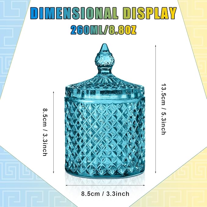 Aoriher 4 Pcs Crystal Glass Candy Jar Set with Lids Home Decorative Storage Jars for Apothecary, Bathroom, Kitchen, and Pantry, Ideal for Cotton Swabs and Jewelry(Medium,Mist Blue)