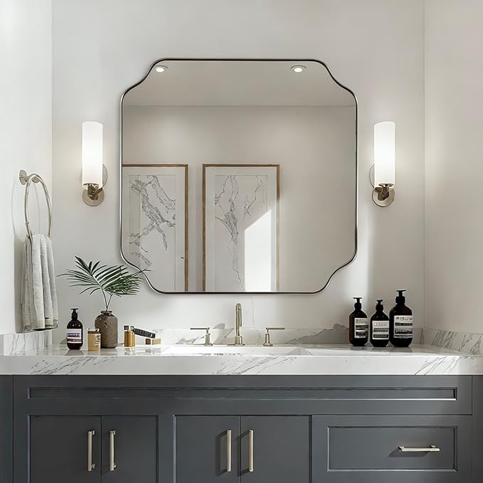 ANDY STAR 30"x30" Chrome Square Mirror, Polished Nickel Scalloped Bathroom Mirror for Over Sink, Modern Decorative Mirror with Designer Rounded Notched Corners, Anti-Rust SUS304 Frame