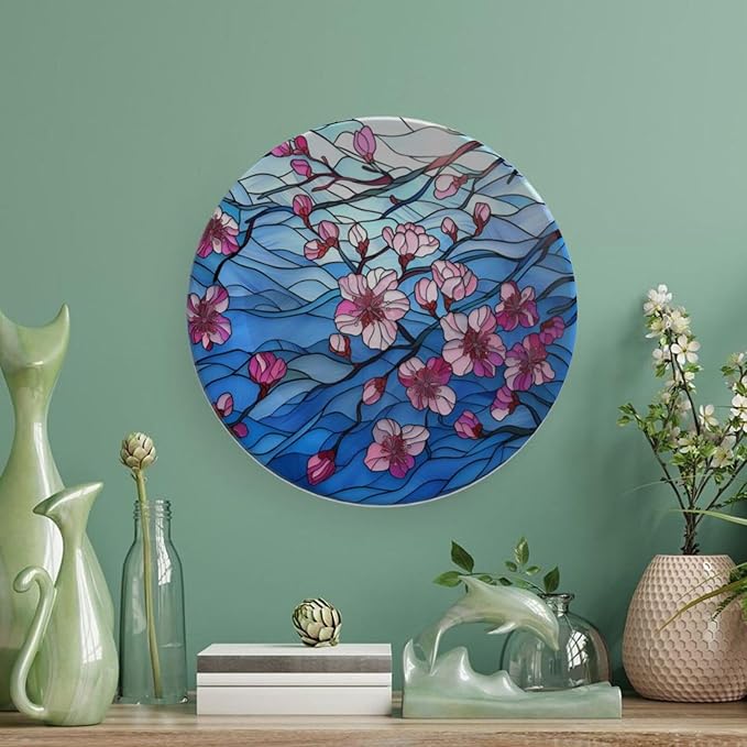 Stained Glass Theme Decorative Ceramic Plate Round Porcelain Plate,10 inch,Cherry Tree Pattern,for Decorative Ornaments Giving Plates, 1 Plate with 1 Display Stand,Blue Pink