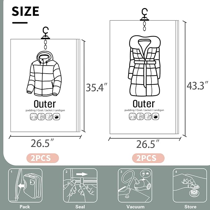 Meetall 4Pack Hanging Vacuum Storage Bag Reusable Space Saver Compressed Bag with Hangers.2pcs in 26.3x35.4inch(67x90cm) and 2pcs in 26.3x43.3inch (67x110cm).Work with Any Vacuum Cleaner.