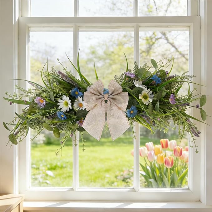 24'' Spring Wreaths for Front Door Summer Floral Swag Blue Spring Door Wreath with Wildflower Lanvender for Wall Porch Indoors Outdoor Window Home Decorations