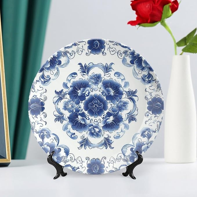 Floral Design Ceramic Decorative Plate, Chinese Style Decorative Dish with Stand, Chinese Blue And White Porcelain Bone China Decorative Plates Art Porcelain Plate for Living Room Hallway Table Decor