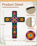 Putuo Decor Floral Cross Wall Decor Painted Decorative Wooden Inspirational Cross Spanish Style Wall Cross Decor Mexican Art Wall Decor Crucifix for Home Room Church Decoration
