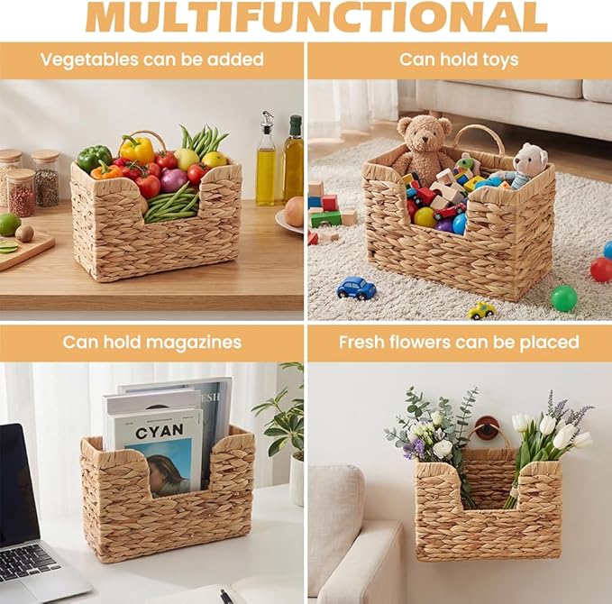 Hanging Magazine Basket, Handwoven Water Hyacinth Wall Magazine Holder with Handle for Books & Files, 11.8x4.3x7.9 Inch Water Hyacinth Farmhouse Storage Rack with Hook for Bathroom, Kitchen, Office