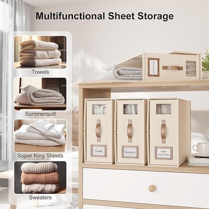 4 Pack Foldable Bed Sheets Set Organizers and Storage(Cal King Size),Linen Fabric Closet Organizers with Window,Folding Bedding Storage Box for Bedsheets and Pillow Cube Organizer-Beige
