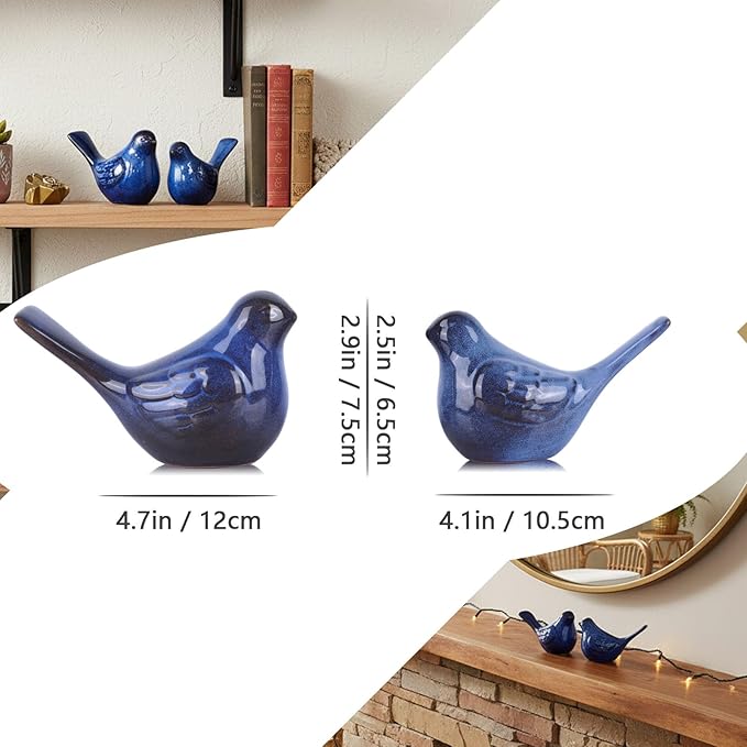 2pcs Small Ceramic Bird Statue and Sculpture for Home Decor Accents,Modern Animal Ornaments for Living Room,Bedroom,Bookshelf,Cabinets,Coffee Table Centerpiece,Cute Knick Knacks for Shelves (Blue)