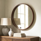 WallBeyond 28 Inch Round Wood Mirror, Large Circle Wooden Frame Wall Mirror for Bathroom, Living Room, Bedroom, Entryway (Walnut)