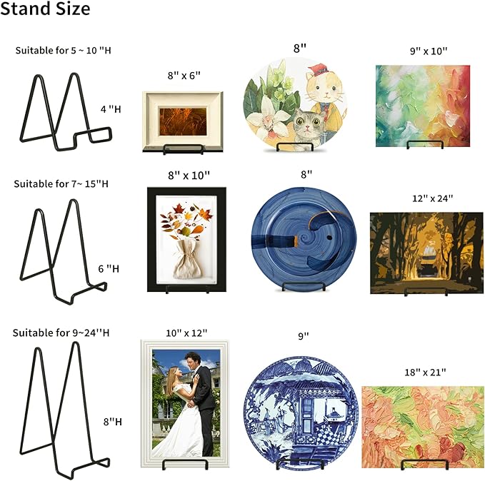 Decolore 4 Pack 4 Inch Black Metal Display Stands Square Plate Holder Display Stand Frame Stand for Picture, Decorative Plate, Photo Easel and Artistic Work
