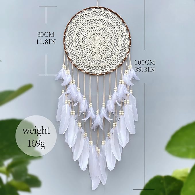 Large White Dream Catcher, Handmade Big Dream Catchers for Bedroom Wall Hanging Wedding Party Decor with a Greeting Card Gift (11.8 Inches in Diameter)