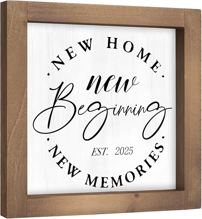 Wooden New Home Sweet Home Sign Decor, 6 Inch New Beginnings Rustic 2025 Housewarming Gifts for Family Homeowner, Indoor Table Tiered Tray Wall Art Shelf Desk Bedroom Farmhouse Decorations
