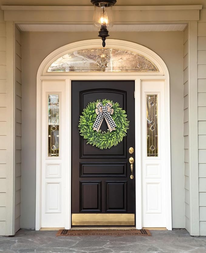 Set of 2, 24-26'' Large Boxwood Wreath for Front Door, Porch, Window - Foldable Greenery Boxwood Wreaths for Farmhouse Wedding Decor - Spring, Summer, Fall, All Seasons (with Bow)