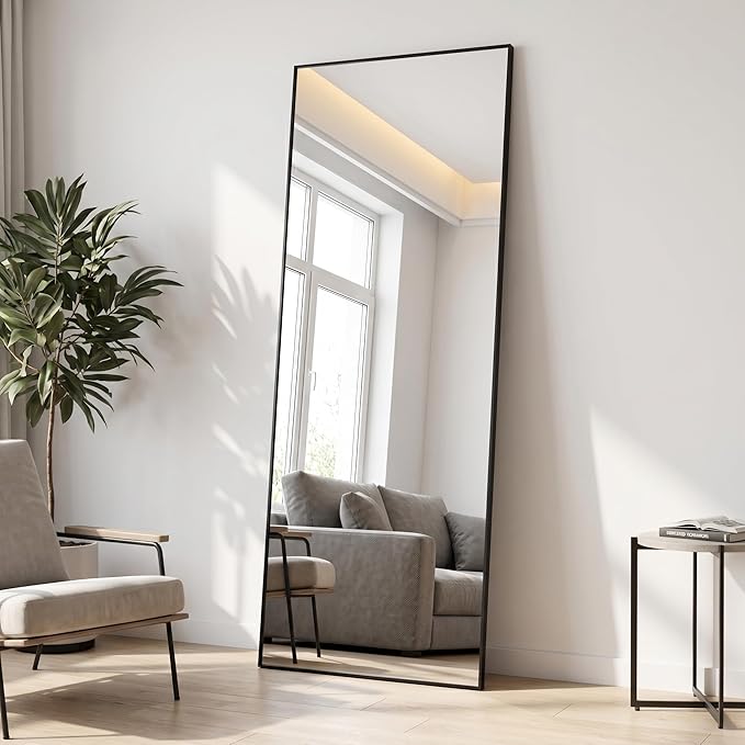 BEAUTYPEAK Full Length Mirror, 58"x14" Standing Hanging or Leaning Against Wall Floor Mirrors Body Dressing Wall-Mounted for Living Room, Bedroom with Aluminum Alloy Thin Frame, Black