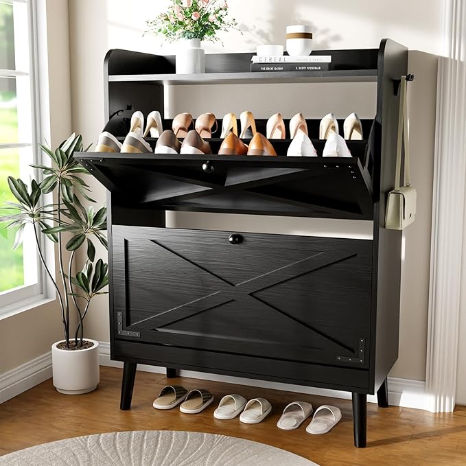 Shoe Storage Cabinet with 2 Flip Drawers, Freestanding Entryway Shoe Cabinet with 2 Side Hooks & Adjustable Shelves Slim Shoe Organizer Cabinet Narrow Shoe Rack for Entrance Hallway Front Door,Black