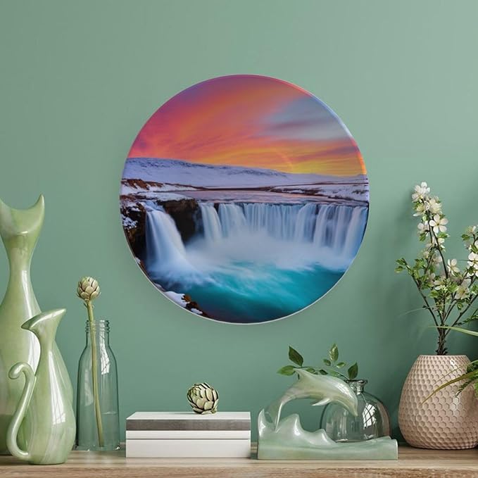 Waterfall Theme Decorative Ceramic Plate Round Porcelain Plate,10 inch,Winter Pattern,for Decorative Ornaments Giving Plates,1 Plate with 1 Display Stand,Blue White