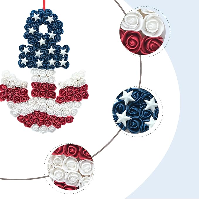 17 Inch Patriotic Red White Blue Anchor Soft Touch Roses Wreath for Front Door, Forth of July American Flag Color Soft Touch Floral Wreath for Indoor and Outdoor, Independence Home Decor