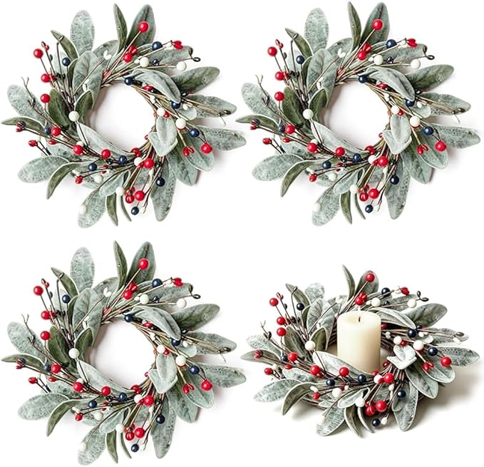 4 PCS Patriotic 4th of July Hanging Wreaths for Cabinets Small Independence Day Wreaths for Front Door with Red White Blue Berries & Lamb's Leaves Memorial Day Labor Day Mini Wreath for Home Decor
