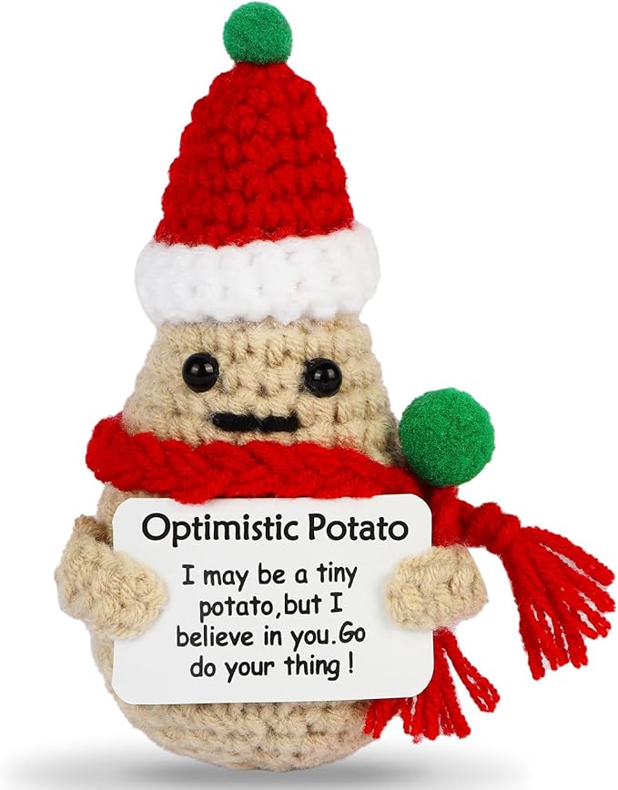 DAFURIET Positive Christmas Potato, 3 inch Knitted Wool Doll with Card for Cheer Up Gifts and Party Decorations, Cute Wool Potato Crochet Doll for Birthday Gifts (Christmas Potato)