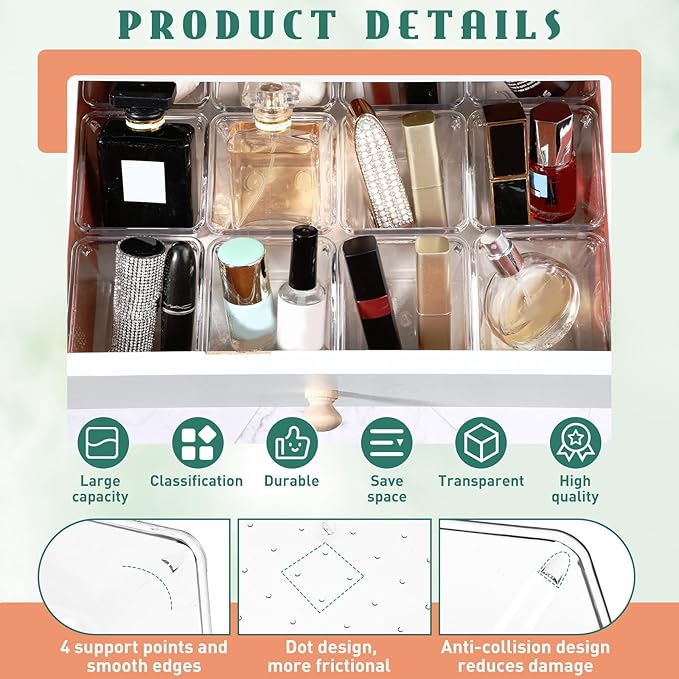 Tioncy 8 Pcs Stackable Clear Drawer Organizer Set 3" x 3" x 2" Small Makeup Vanity Storage Bins Office Desk Drawer Dividers Container Organization for Makeup Vanity Office Bathroom Kitchen Utensil