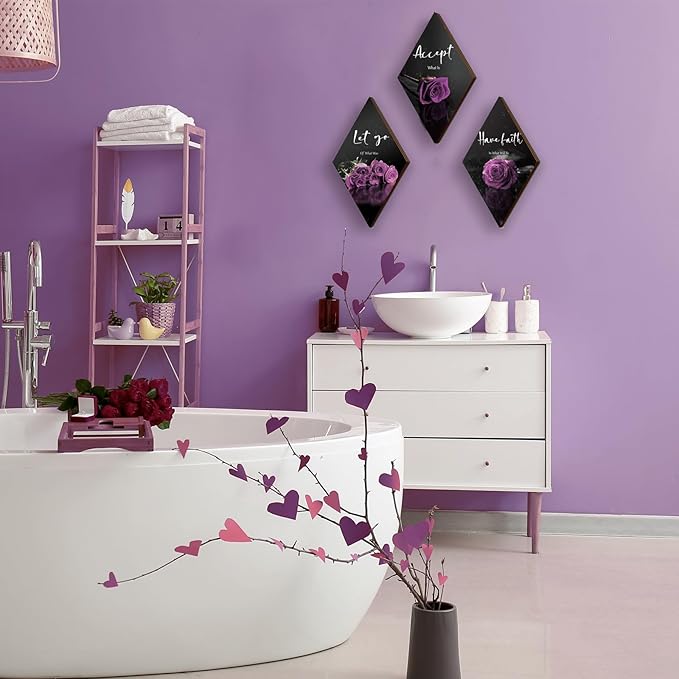ZINYAZHE 3 Pcs Purple Wall Decor Inspirational Rose Bathroom Decor Wooden Purple Wall Art Office Wall Decor with Accept Let Go Have Faith Sign for Girl Women Living Room Bedroom(12 x 7 Inch)