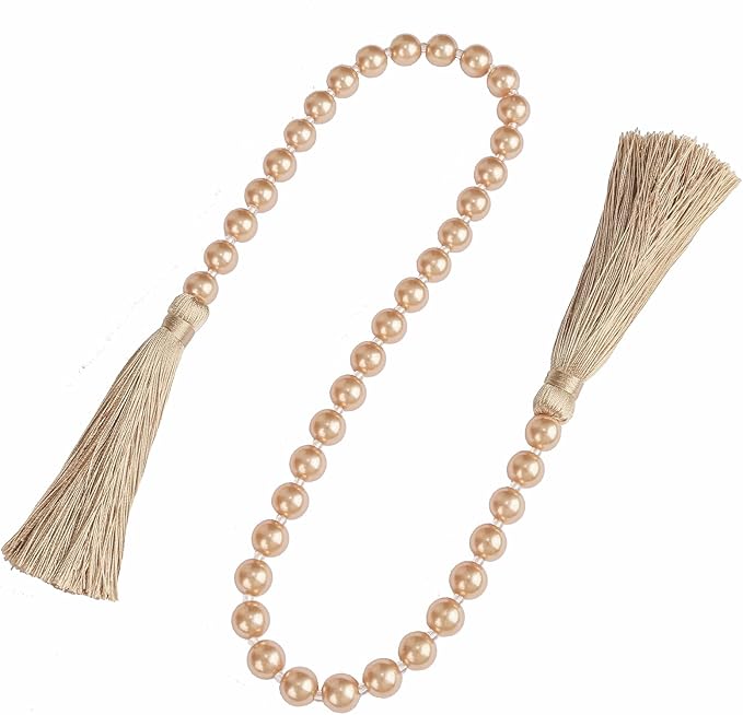 34 Inch Pearl Glass Bead Garland with Tassels - Elegant Boho Table Decor, Fringe Wall Hanging for Wedding, Party, Farmhouse Rustic Prayer Bead Home Decoration(1 Pack,Champagne Gold)