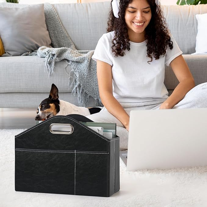 PU Leather Magazine Rack Floor foldable Magazine Basket Magazine Holder Organizer Newspaper Storage Bin Document File Holder for Home Office Living Room Table