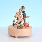 Natural Solid Wood Handcrafted Beech Wooden, Musical FigureTotoro/Carousel/Fairy/Ballerina Figurine,Rotating Hand Crank Mechanism Music Box,Musical Decorations (Lover Riding a wodden Horse)