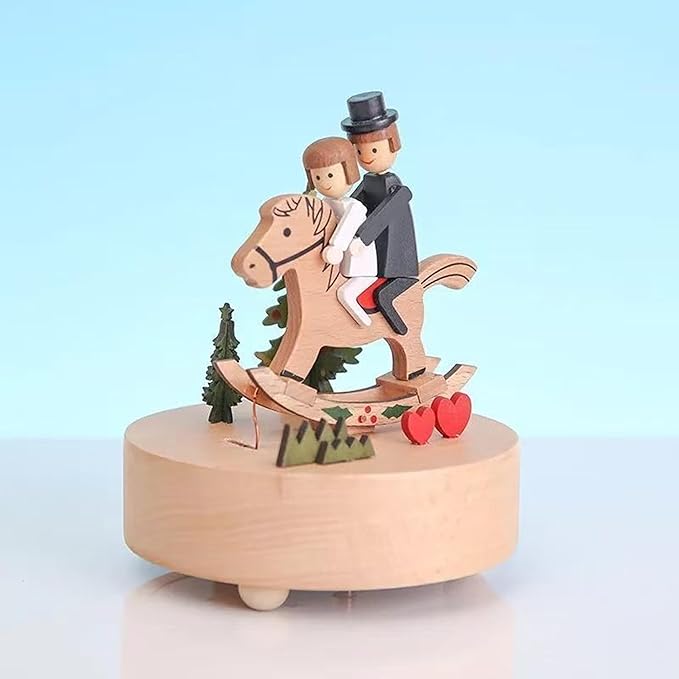 Natural Solid Wood Handcrafted Beech Wooden, Musical FigureTotoro/Carousel/Fairy/Ballerina Figurine,Rotating Hand Crank Mechanism Music Box,Musical Decorations (Lover Riding a wodden Horse)