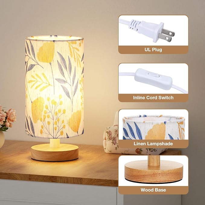 Fenmzee Ginkgo Table Lamp for Bedroom - Inline Control, Small Bedside Lamp with 3000K A15 LED Blub, Easy Assembly (Ginkgo Cream Shade, 9" Inline Control)