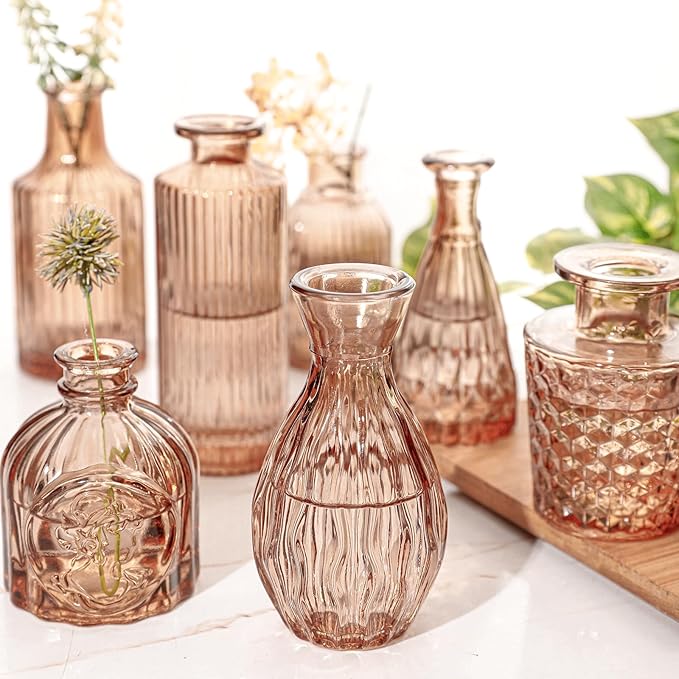 Glass Bud Vase Set of 32 Pcs, Small Glass Vases for Flowers, Amber Bud Vases in Bulk, Vintage Vases for Wedding Centerpieces, Wedding Decorations, Home Table Flower Decor