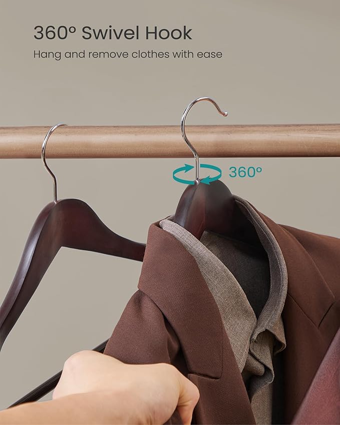 SONGMICS Extra Wide Wooden Suit Hangers, Set of 10 Clothes Hangers, Swivel Hooks, Non-Slip Bars, for Outfits, Suits, Coats, Shirts, Dresses, Mahogany UCRW050MZ01
