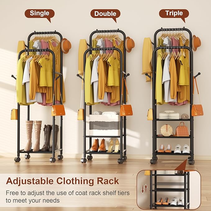 Furologee Clothing Racks for Hanging Clothes, Portable Rolling Garment Rack, Sturdy Metal Freestanding Clothes Rack with Wheels, Double Rods Wardrobe Racks for Bedroom Laundry Living Room