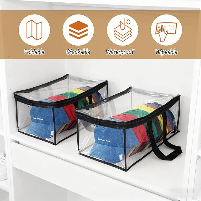 4 Pcs Hat Storage for Baseball Caps, All Clear Hat Organizer for Baseball Caps with 2 Sturdy Handles Stackable Hat Bags Holds Up to 48 Hats, Foldable for Home and Travel