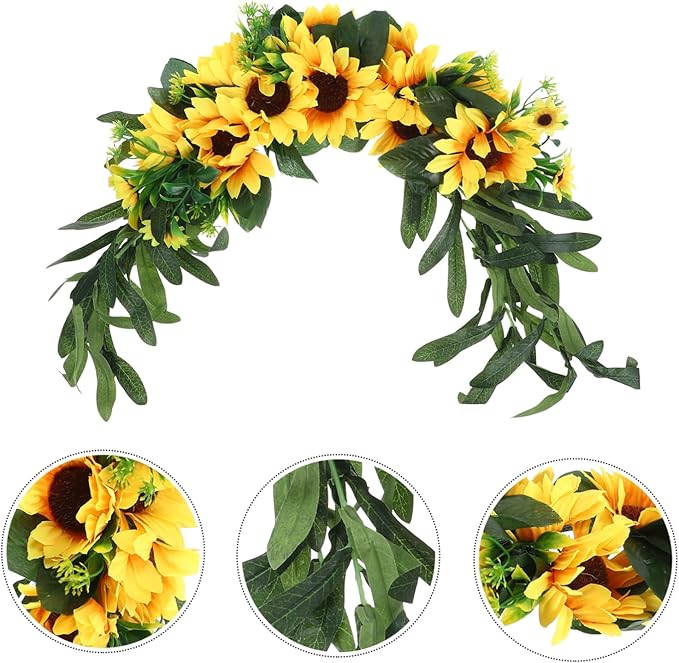 Artificial Sunflower Wreath Swag Decorative Fake Flower Garland for Front Door Wall Hanging Floral Decor for Home Wedding and Special Occasions