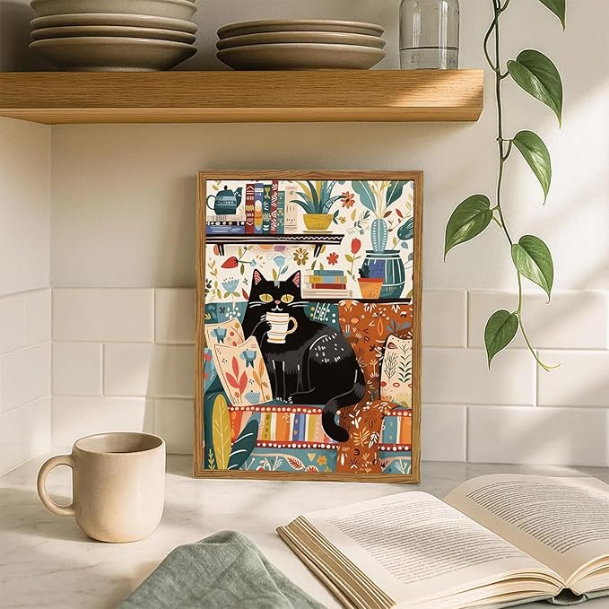 Framed Funny Black Cat Canvas Wall Art, Cute Cat Drinking Coffee on Sofa Pictures Wall Decor, Eclectic Animal Paintings Prints Boho Home Decor for Living Room Cafe Kitchen Bar 12x16 inch