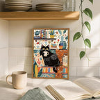 Framed Funny Black Cat Canvas Wall Art, Cute Cat Drinking Coffee on Sofa Pictures Wall Decor, Eclectic Animal Paintings Prints Boho Home Decor for Living Room Cafe Kitchen Bar 12x16 inch