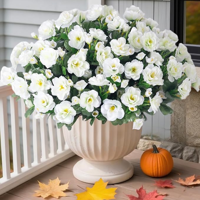 HyeFlora Artificial Fake Flowers Plants for Outdoor Outside Spring Decoration, Faux Silk White Camellia UV Resistant Realistic for Front Door Porch Planter Pot Patio Balcony, 3 Large Bundles