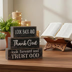 Lineshading 4 Pcs Christian Table Decor Inspirational Gifts for Women Look Back and Thank God Look Forward and Trust God Wooden Block Signs Farmhouse Christian Centerpiece for Mother's Day Home Office