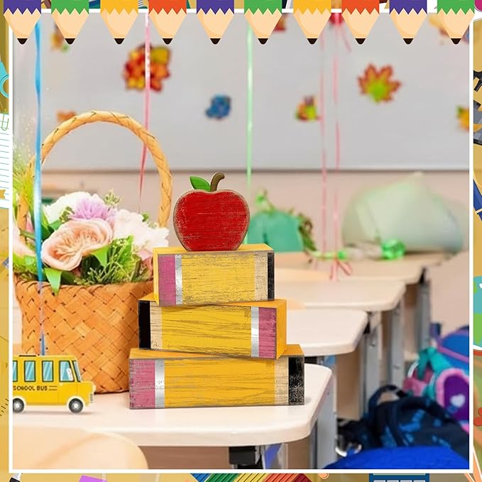 Lineshading 4 Pcs Back to School Table Decorations Retro Red Apples Decor Back to School Tiered Tray Decor Apple Centerpieces Rustic Wood Pencil Block Stack Sign Farmhouse Gifts for Home Shelf Mantel