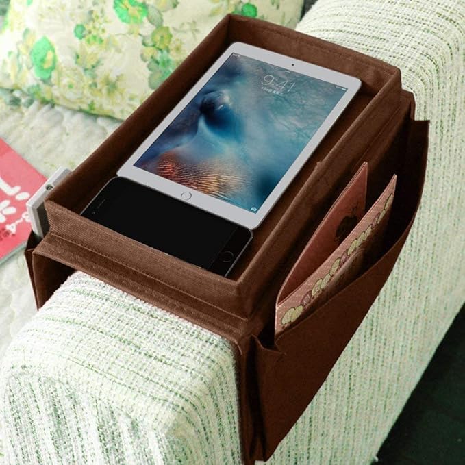 Sofa Armrest Organizer, Couch TV Remote Storage Organizer with Pockets for Recliner Armchair Snacks Glasses Smartphone Magazines Pouch (Brown)
