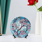 Stained Glass Theme Decorative Ceramic Plate Round Porcelain Plate,10 inch,Cherry Tree Pattern,for Decorative Ornaments Giving Plates, 1 Plate with 1 Display Stand,Blue Pink