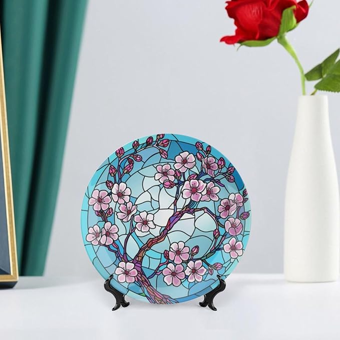 Stained Glass Theme Decorative Ceramic Plate Round Porcelain Plate,6 inch,Cherry Tree Pattern,for Decorative Ornaments Giving Plates, 1 Plate with 1 Display Stand,Blue Pink